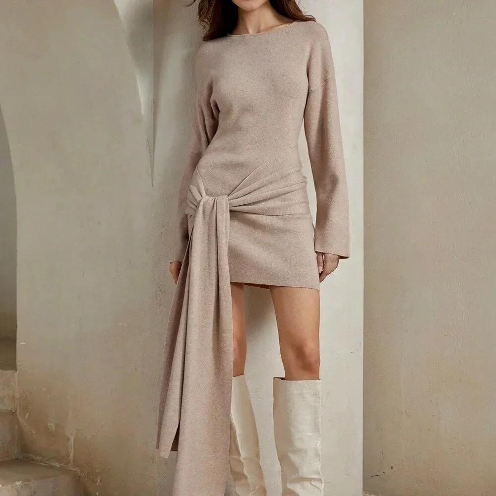Apricot Casual Women's Crew Neck Long Sleeve Tie Hem Casual Sweater Dress